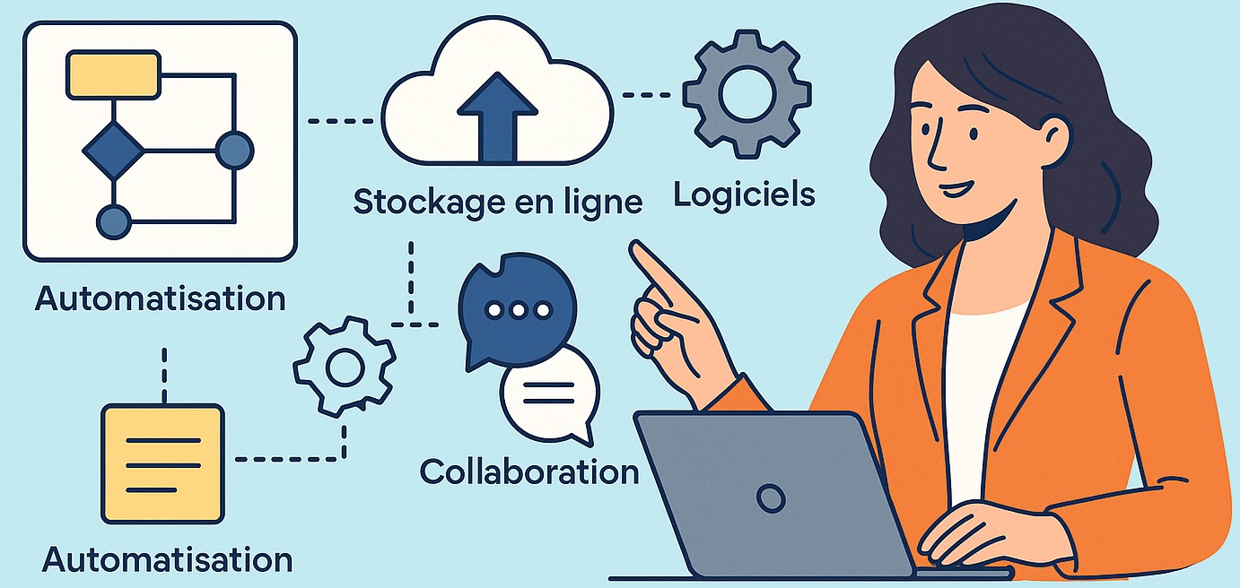 Femme illustrant la digitalisation des processus métier avec automatisation, stockage cloud et collaboration