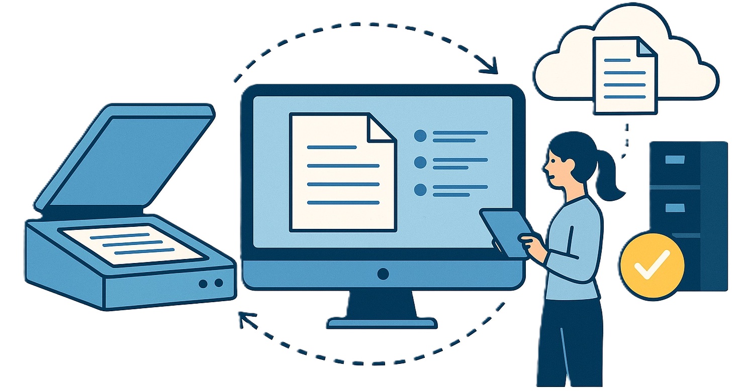 Illustration de la numérisation de documents avec scanner, écran, cloud et archivage numérique pour entreprise.