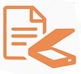 Icône de numérisation en orange représentant un scanner ouvert avec un document, symbolisant la dématérialisation des documents papier.