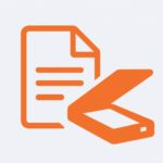 Icône de numérisation en orange représentant un scanner ouvert avec un document, symbolisant la dématérialisation des documents papier.